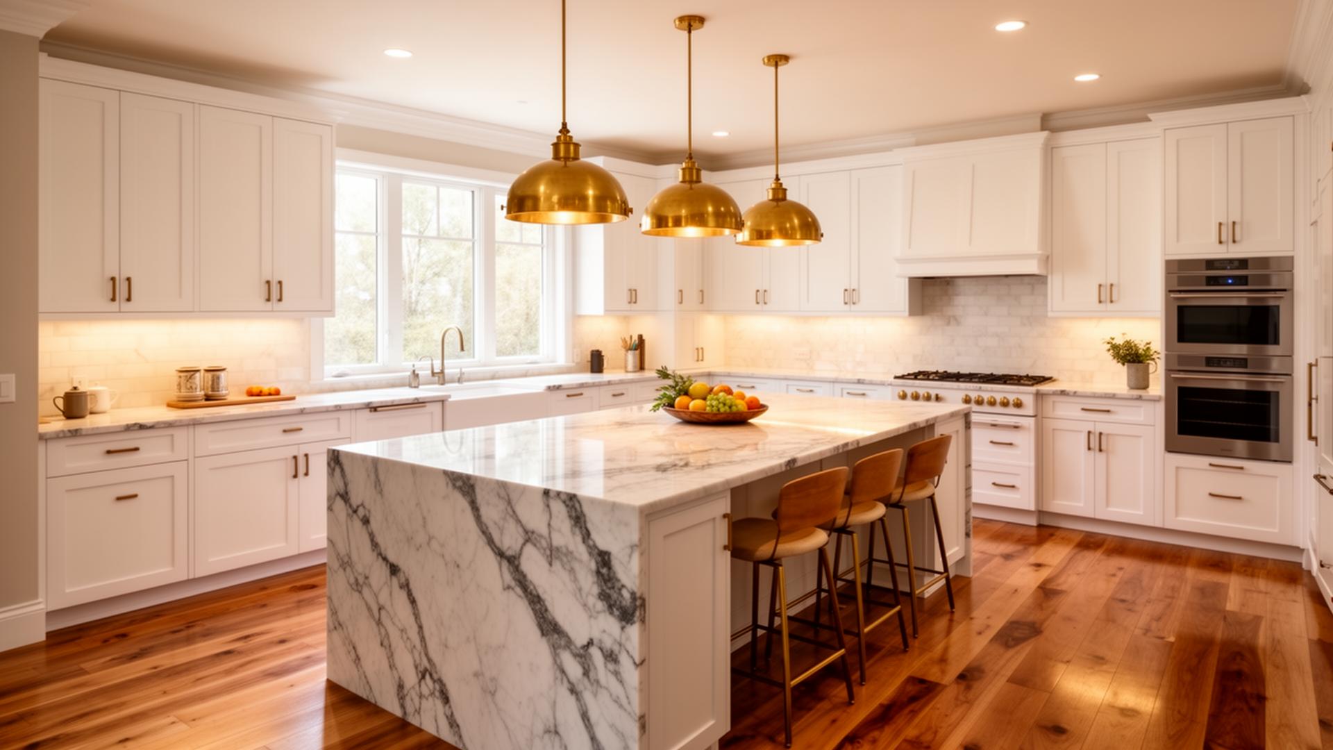 Luxury kitchen remodel with marble waterfall island and brass pendants